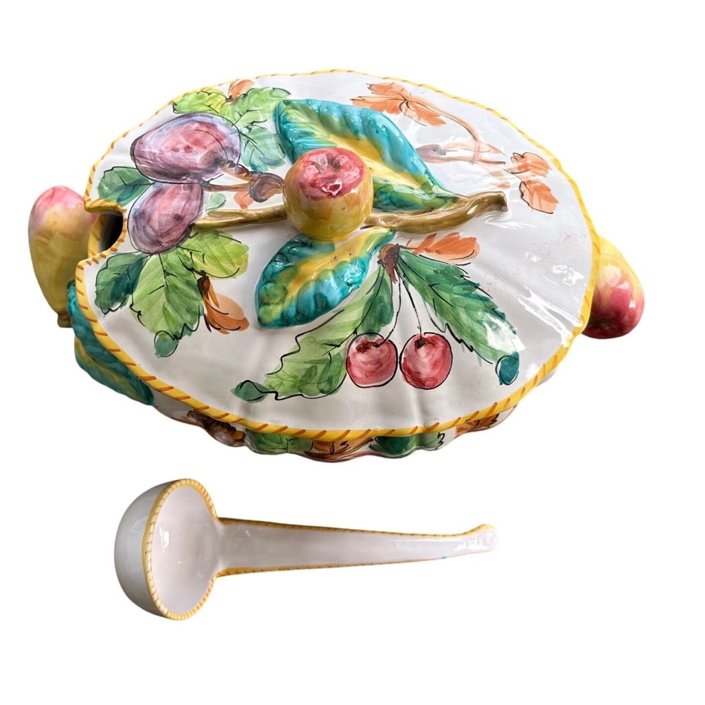 Vintage Italian Ceramic Fruit Soup Tureen with Lid and Ladle Hand Painted Italy